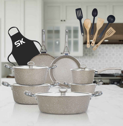 16-Piece Marble Coated Signature Cookware Gift Pack – Grey & Beige (SK Cookware)