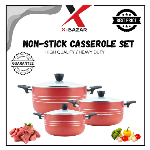 Premium Non-Stick Casserole Set – 3-Piece (20cm, 24cm, 28cm) with Glass Lids – Durable & Easy to Clean Cookware