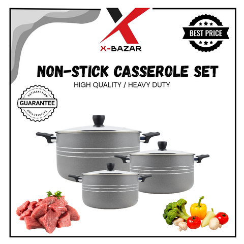 Premium Non-Stick Casserole Set – 3-Piece (20cm, 24cm, 28cm) with Glass Lids – Durable & Easy to Clean Cookware