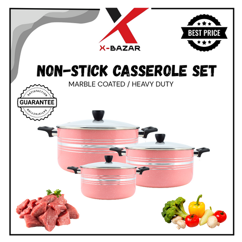 Premium Non-Stick Casserole Set – 3-Piece (20cm, 24cm, 28cm) with Glass Lids – Durable & Easy to Clean Cookware