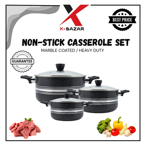 Premium Non-Stick Casserole Set – 3-Piece (20cm, 24cm, 28cm) with Glass Lids – Durable & Easy to Clean Cookware