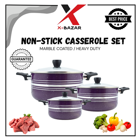 Premium Non-Stick Casserole Set – 3-Piece (20cm, 24cm, 28cm) with Glass Lids – Durable & Easy to Clean Cookware