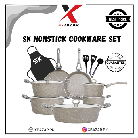 16-Piece Marble Coated Signature Cookware Gift Pack – Grey & Beige (SK Cookware)