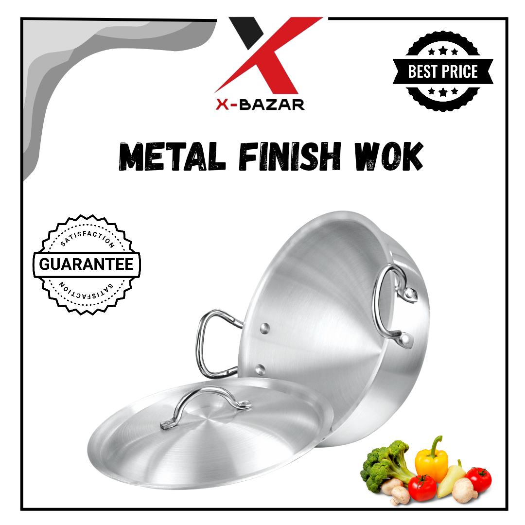 Metal-Finish Wok (Karahi) With Metal Lid , Premium Quality (28,30,32 cms)
