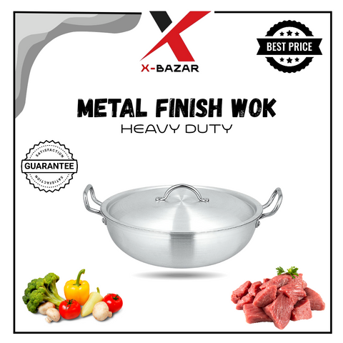 Metal-Finish Wok (Karahi) With Metal Lid , Premium Quality (28,30,32 cms)